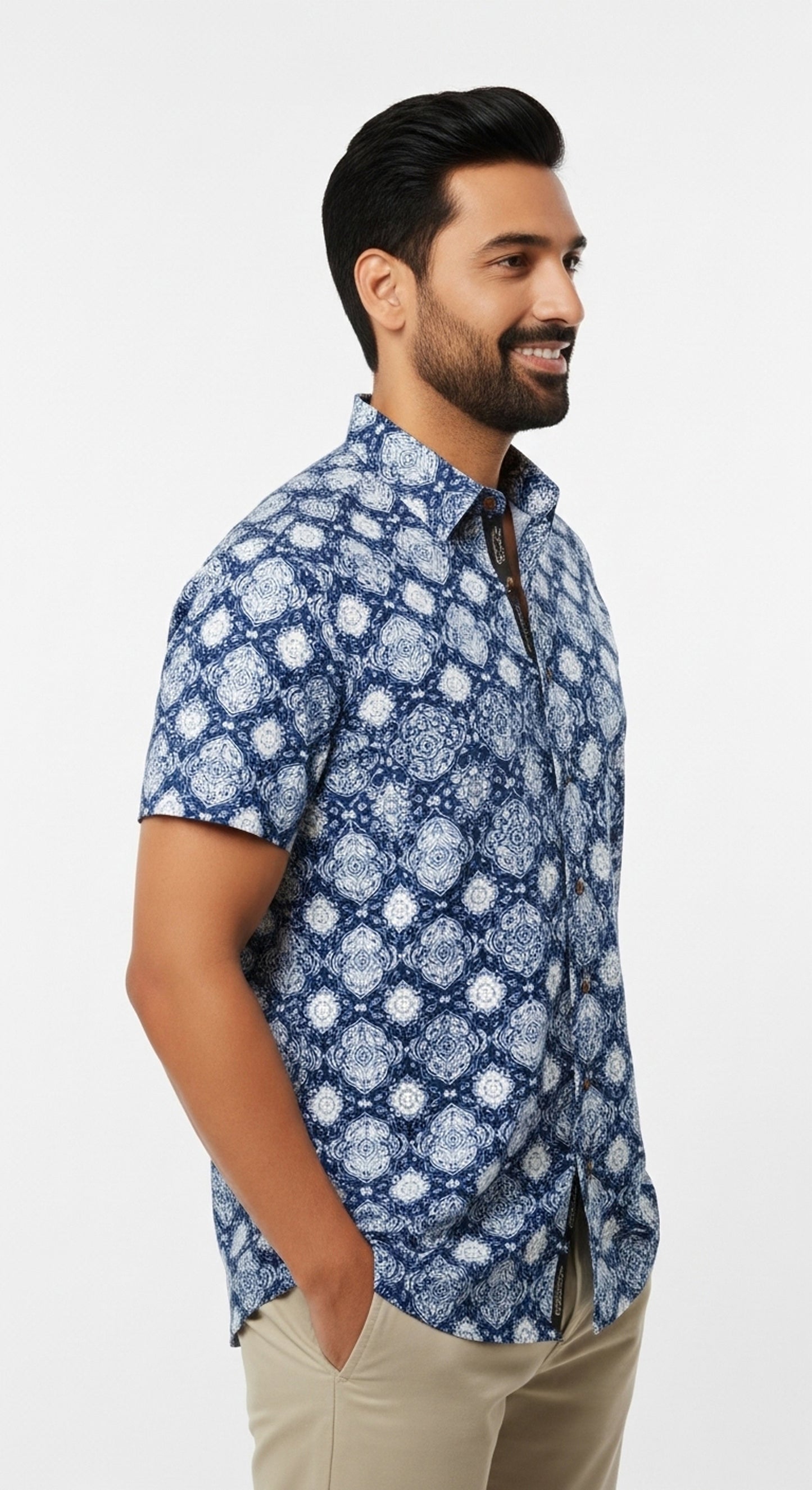 Indigo Medallion Print Half Sleeve Cotton Casual Shirt for Men