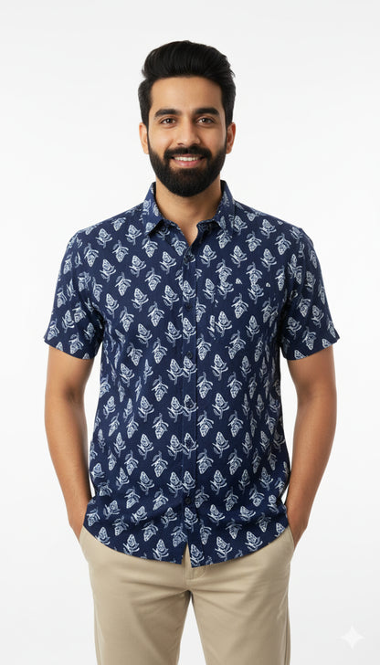 Indigo Block Print Half Sleeve Casual Cotton Shirt for Men