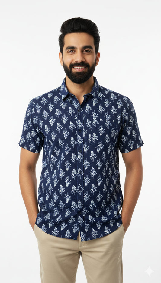 Indigo Block Print Half Sleeve Casual Cotton Shirt for Men