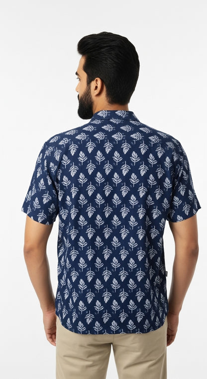 Indigo Block Print Half Sleeve Casual Cotton Shirt for Men