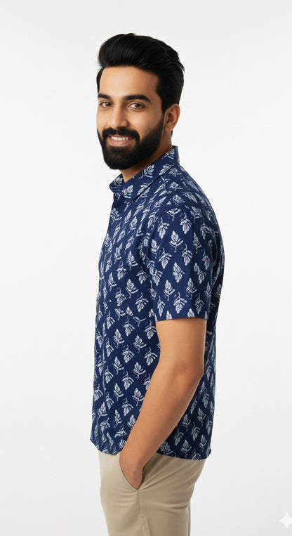 Indigo Block Print Half Sleeve Casual Cotton Shirt for Men