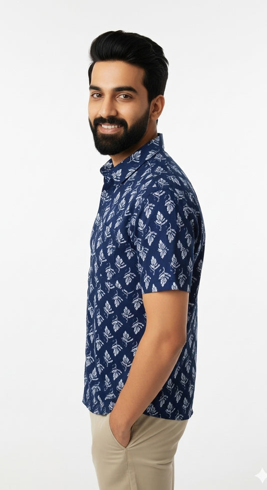 Indigo Block Print Half Sleeve Casual Cotton Shirt for Men