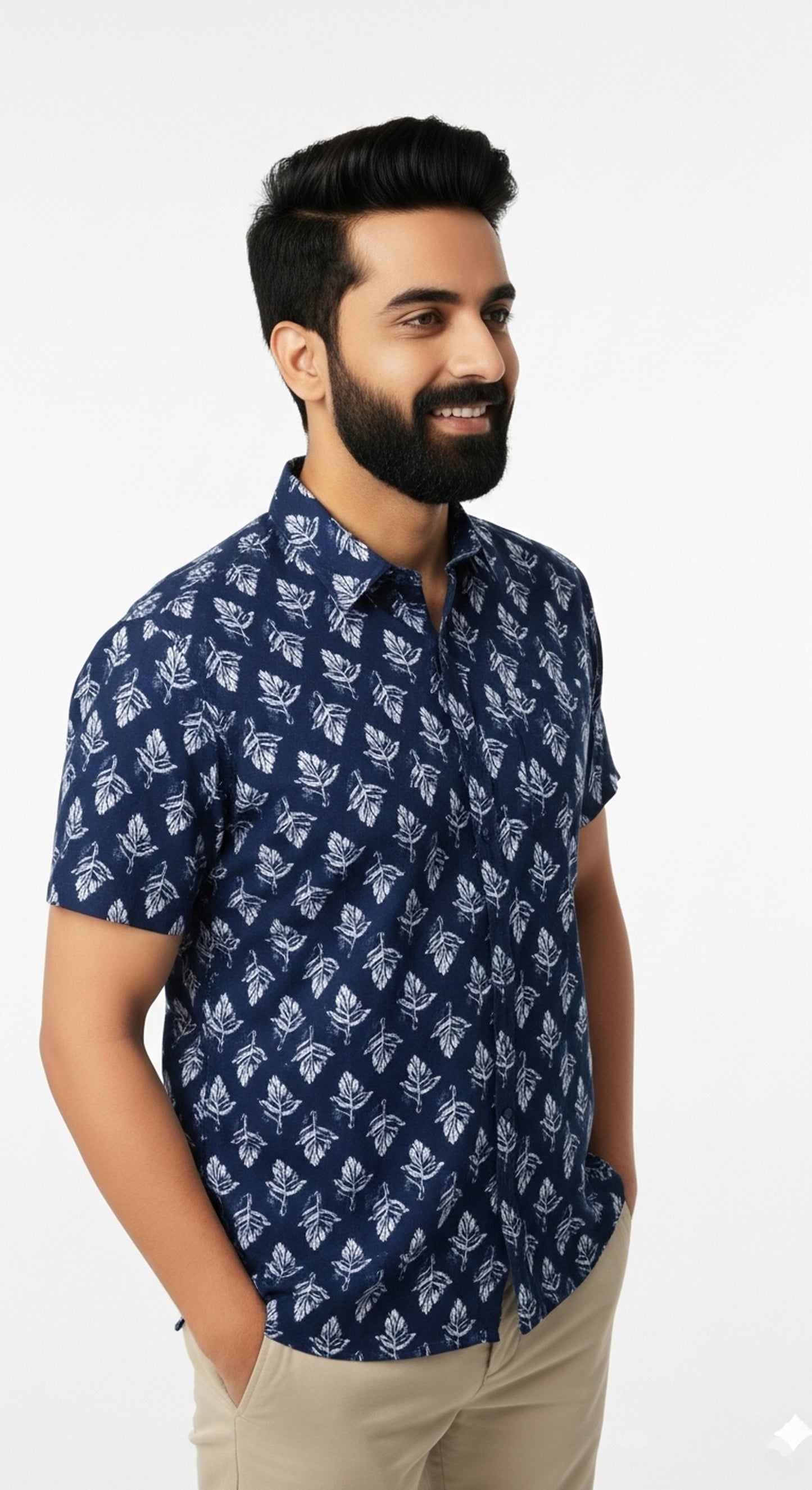 Indigo Block Print Half Sleeve Casual Cotton Shirt for Men