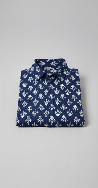 Indigo Block Print Half Sleeve Casual Cotton Shirt for Men