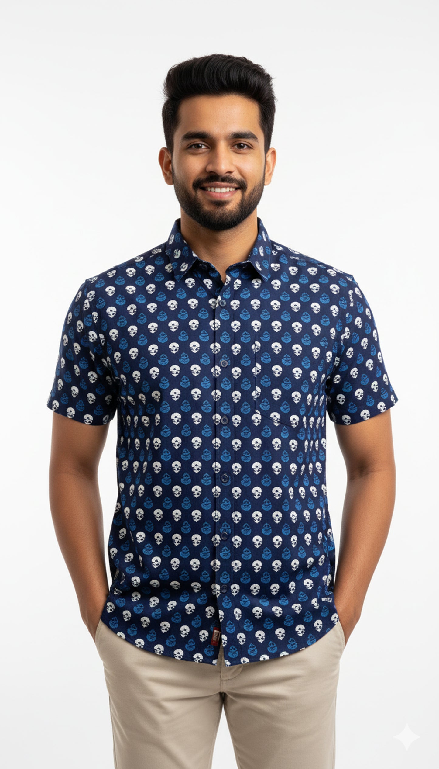 Navy Skull Pattern Block Print Half Sleeve Casual Cotton Shirt for Men