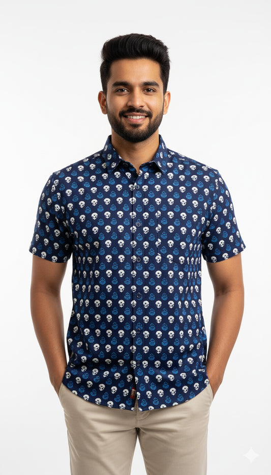 Navy Skull Pattern Block Print Half Sleeve Casual Cotton Shirt for Men