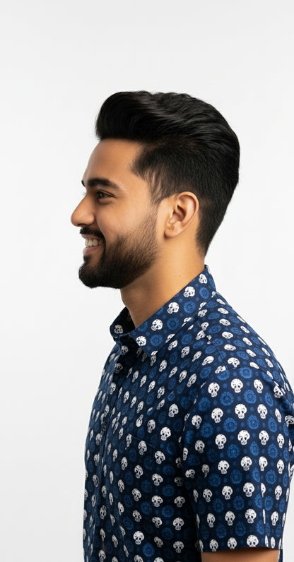 Navy Skull Pattern Block Print Half Sleeve Casual Cotton Shirt for Men