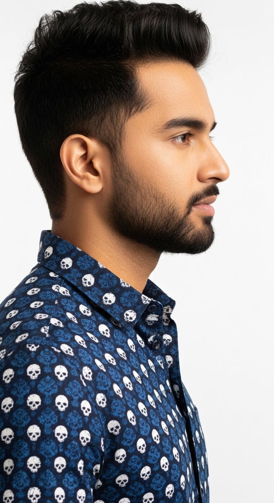Navy Skull Pattern Block Print Half Sleeve Casual Cotton Shirt for Men