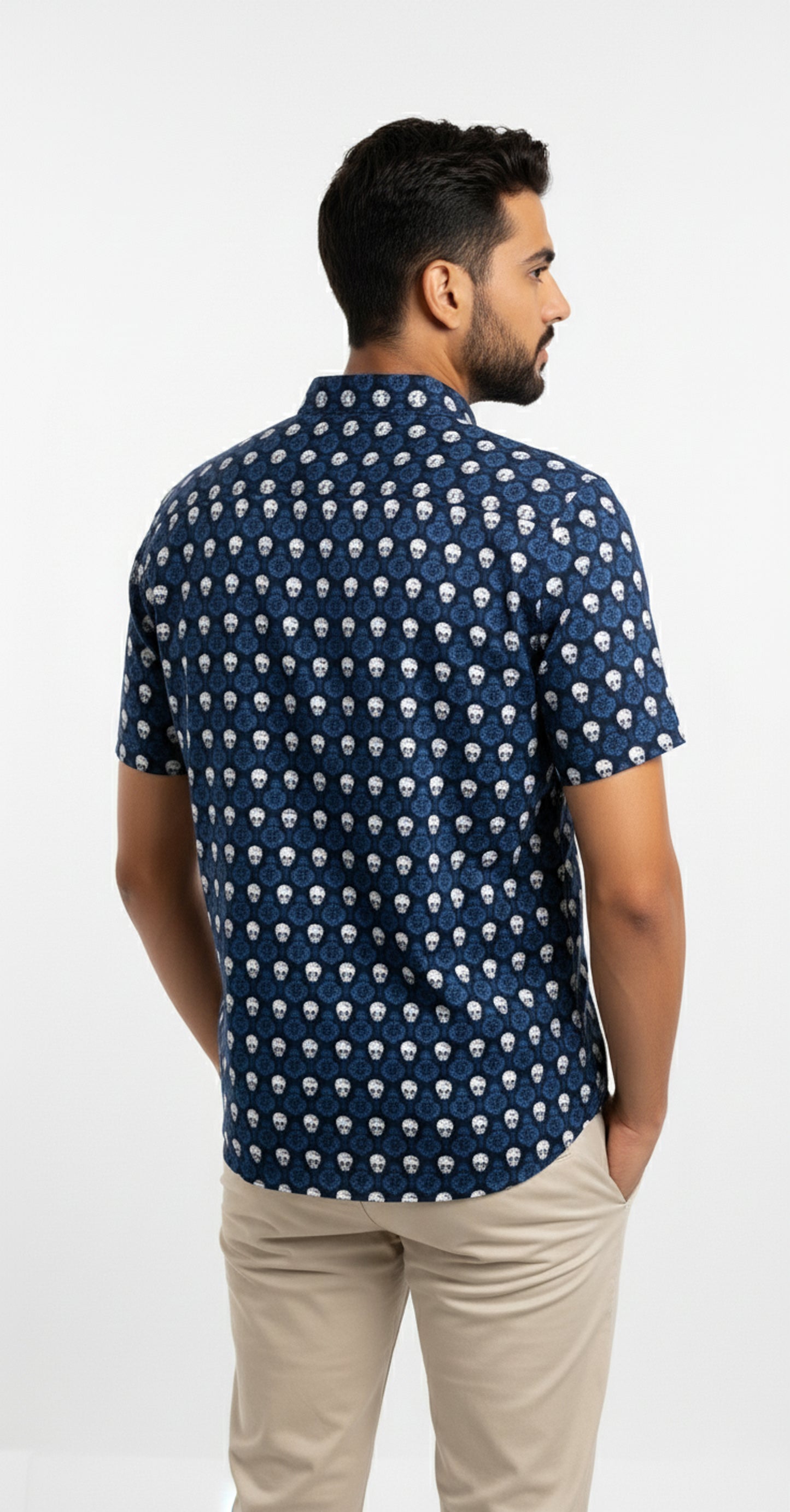 Navy Skull Pattern Block Print Half Sleeve Casual Cotton Shirt for Men
