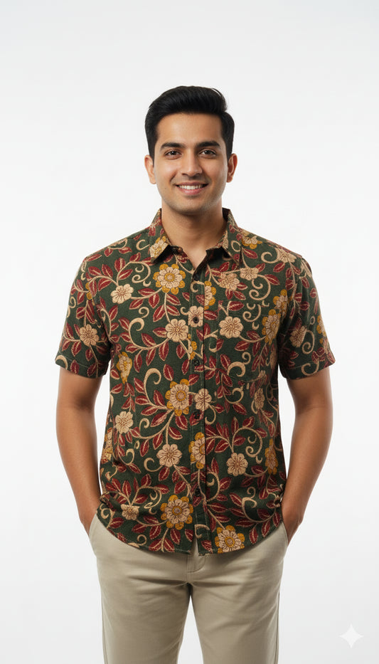 Green & Maroon Floral Vine Kalamkari Style Cotton Shirt for Men