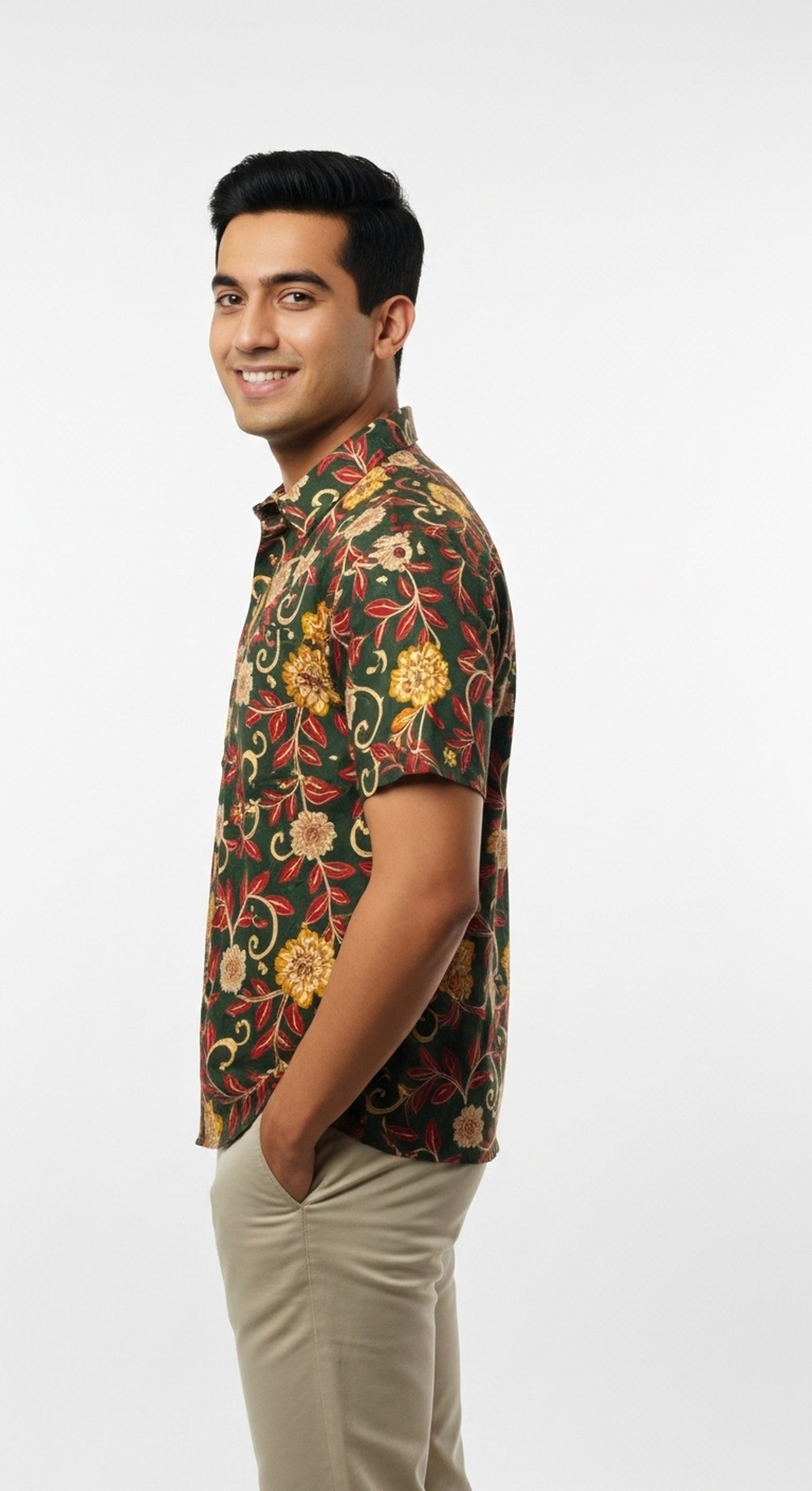 Green & Maroon Floral Vine Kalamkari Style Cotton Shirt for Men