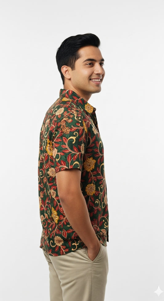Green & Maroon Floral Vine Kalamkari Style Cotton Shirt for Men