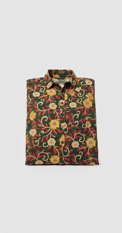Green & Maroon Floral Vine Kalamkari Style Cotton Shirt for Men