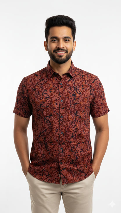 Maroon Floral Ajrakh Style Print Half Sleeve Cotton Shirt for Men