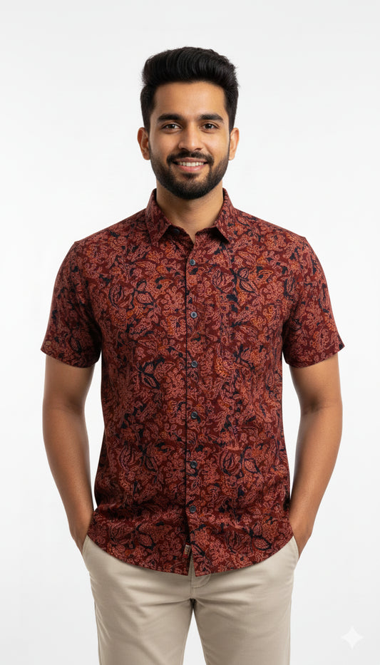 Maroon Floral Ajrakh Style Print Half Sleeve Cotton Shirt for Men