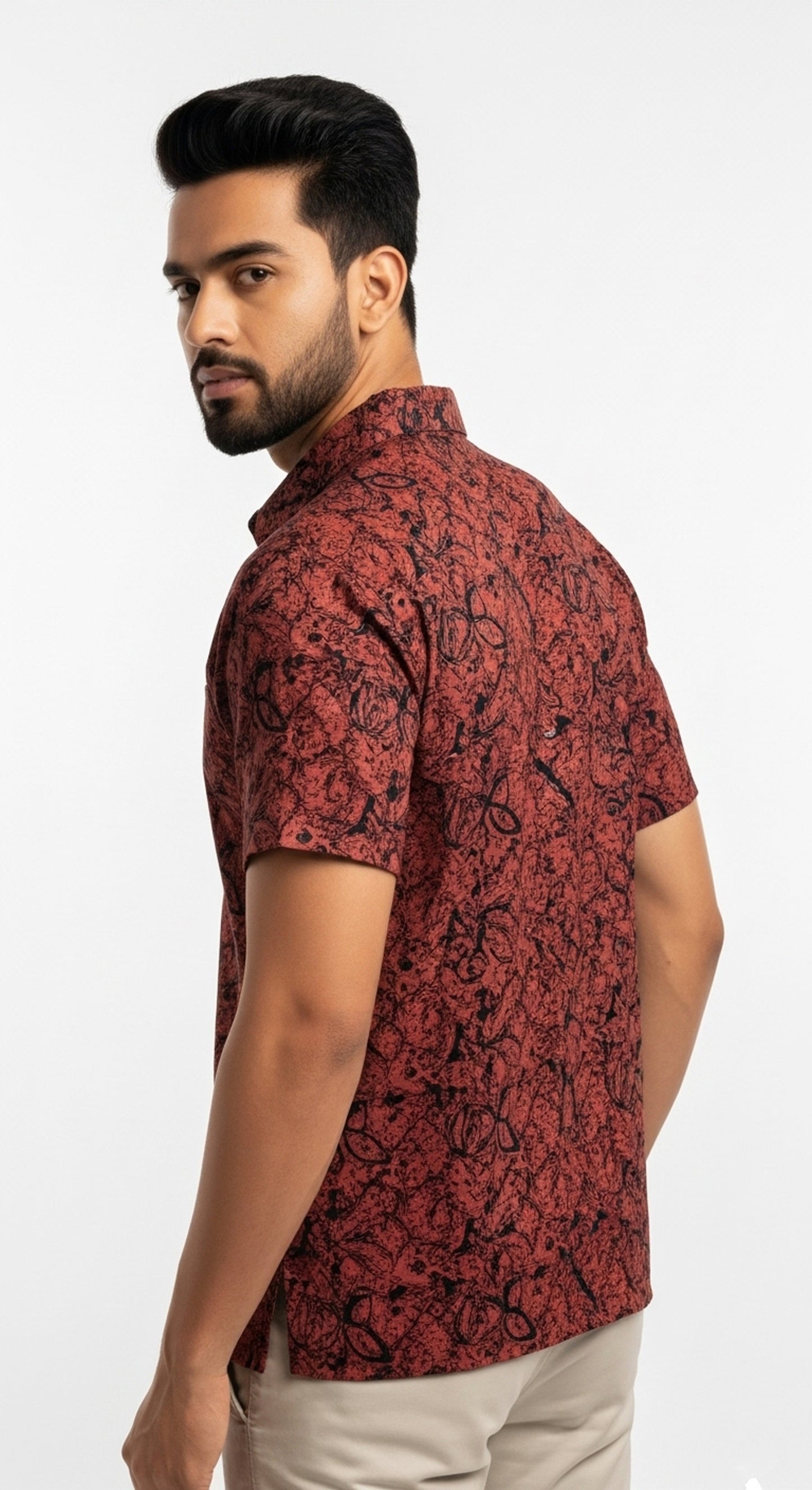 Maroon Floral Ajrakh Style Print Half Sleeve Cotton Shirt for Men