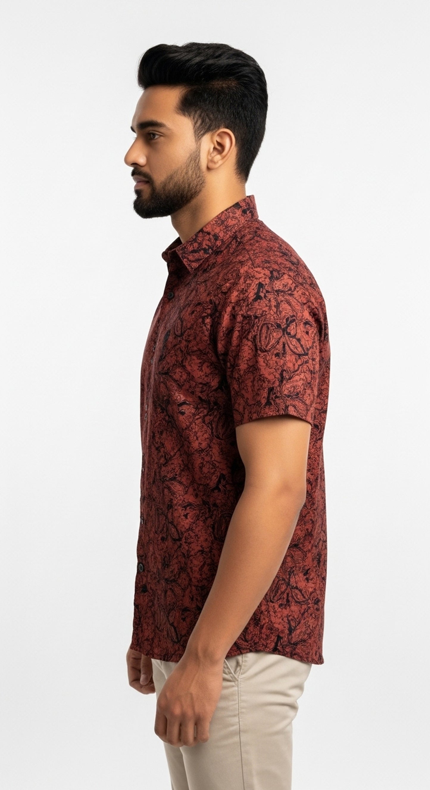 Maroon Floral Ajrakh Style Print Half Sleeve Cotton Shirt for Men