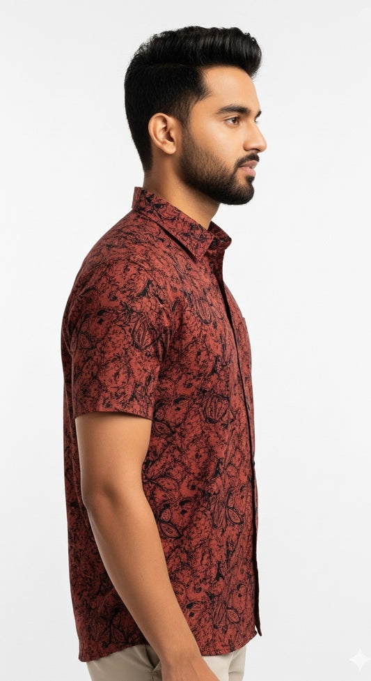 Maroon Floral Ajrakh Style Print Half Sleeve Cotton Shirt for Men