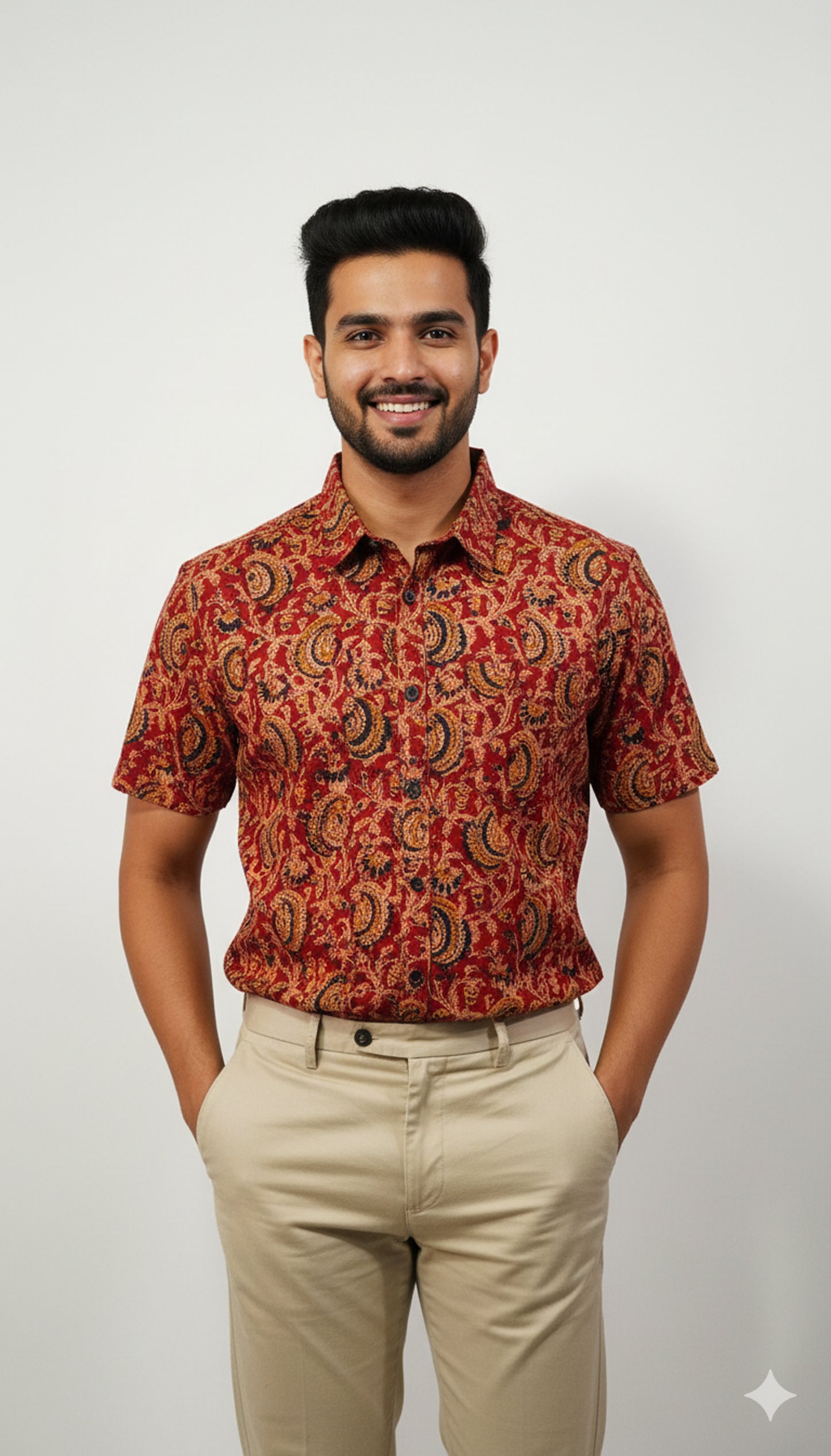Rust Red Kalamkari Style Paisley Print Half Sleeve Cotton Shirt for Men