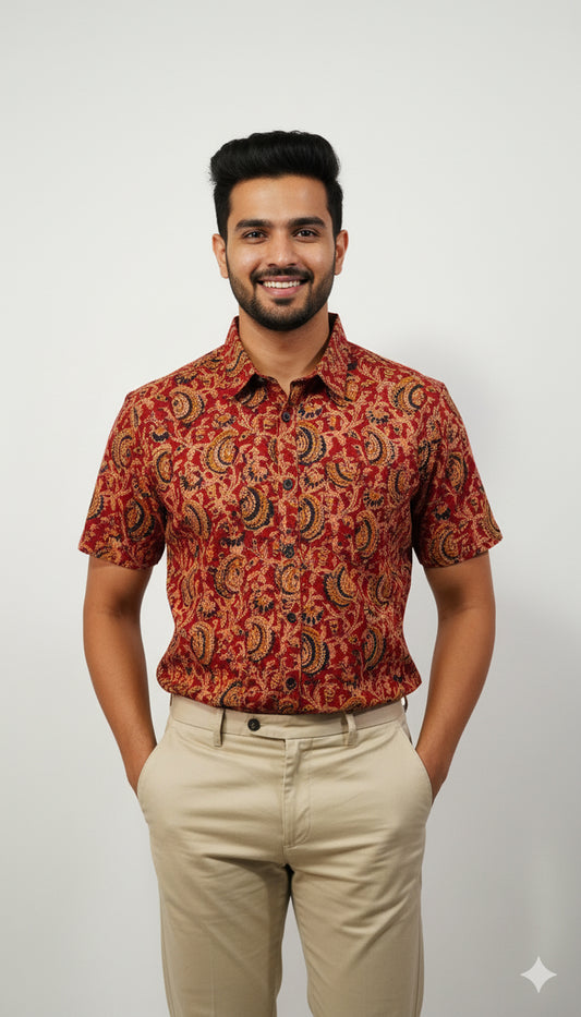 Rust Red Kalamkari Style Paisley Print Half Sleeve Cotton Shirt for Men