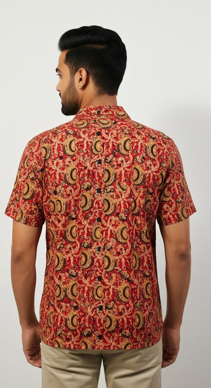 Rust Red Kalamkari Style Paisley Print Half Sleeve Cotton Shirt for Men