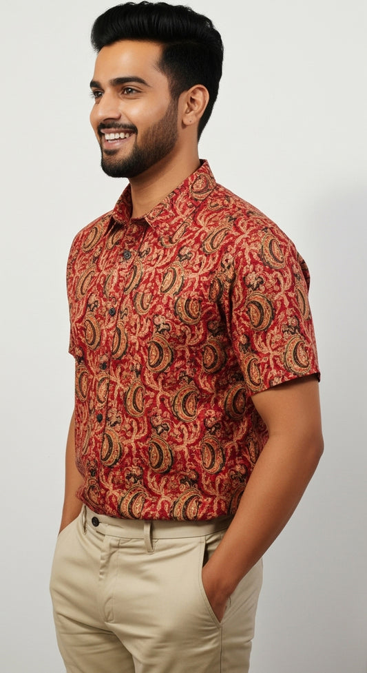 Rust Red Kalamkari Style Paisley Print Half Sleeve Cotton Shirt for Men