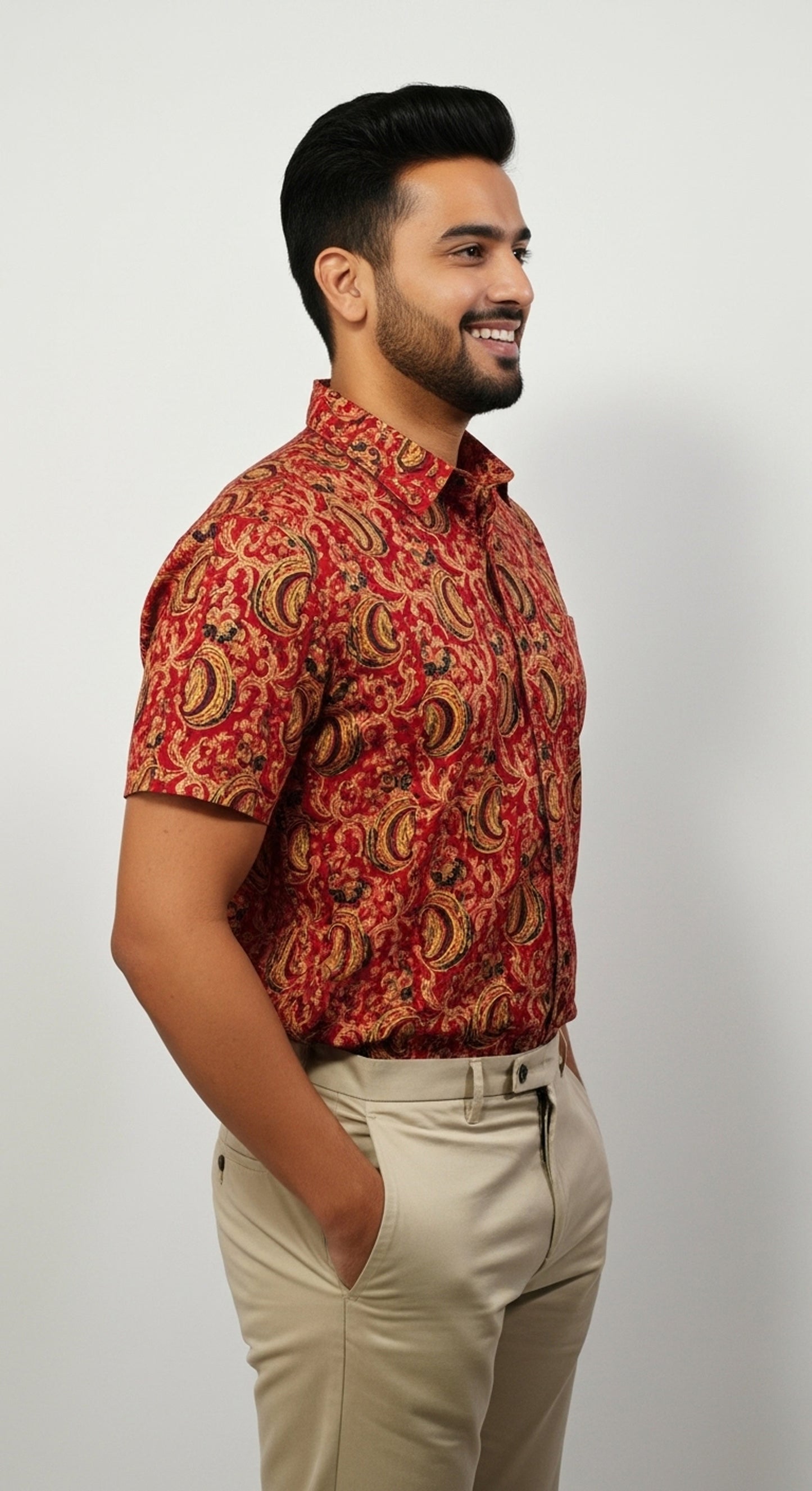 Rust Red Kalamkari Style Paisley Print Half Sleeve Cotton Shirt for Men