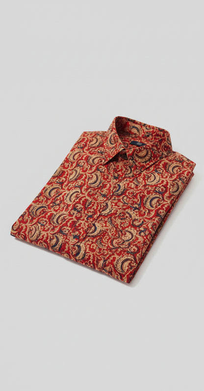 Rust Red Kalamkari Style Paisley Print Half Sleeve Cotton Shirt for Men