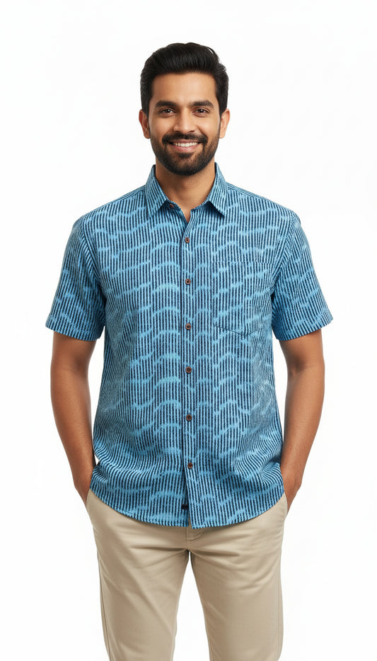 Blue Wave Geometric Block Print Half Sleeve Cotton Shirt for Men