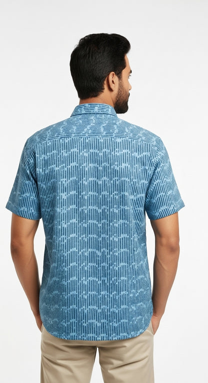 Blue Wave Geometric Block Print Half Sleeve Cotton Shirt for Men