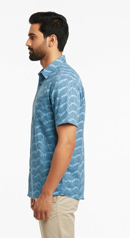 Blue Wave Geometric Block Print Half Sleeve Cotton Shirt for Men