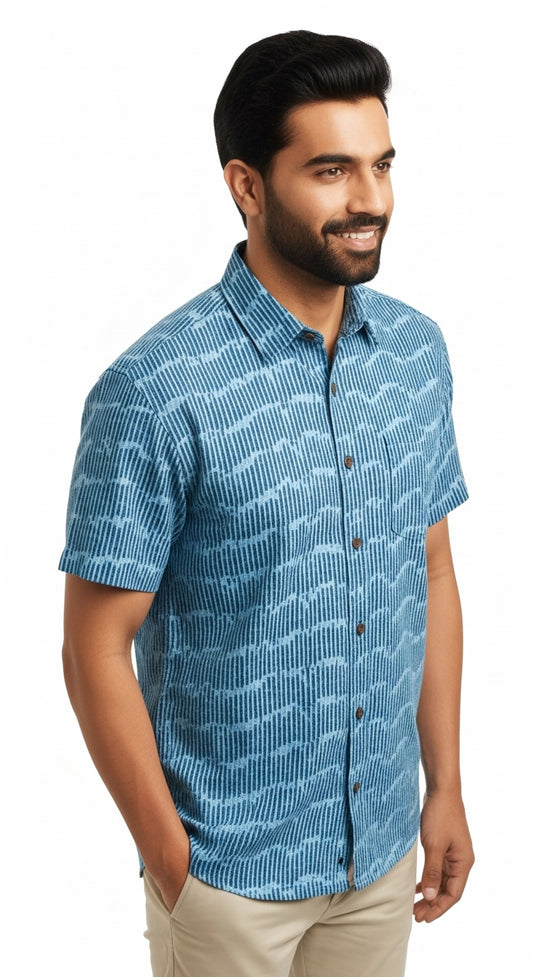 Blue Wave Geometric Block Print Half Sleeve Cotton Shirt for Men