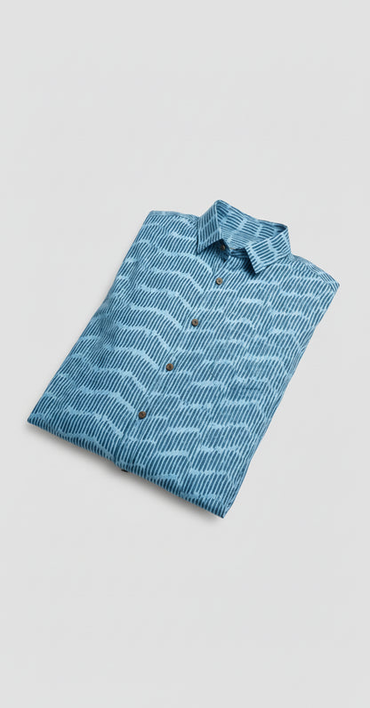 Blue Wave Geometric Block Print Half Sleeve Cotton Shirt for Men