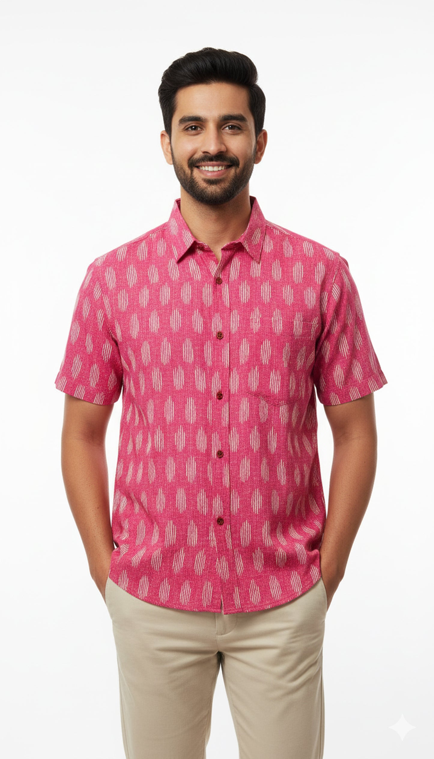 Rani Pink Ikat Print Half Sleeve Casual Cotton Shirt for Men