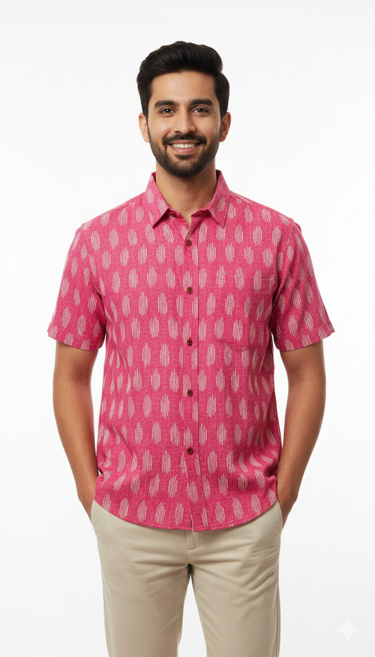 Rani Pink Ikat Print Half Sleeve Casual Cotton Shirt for Men