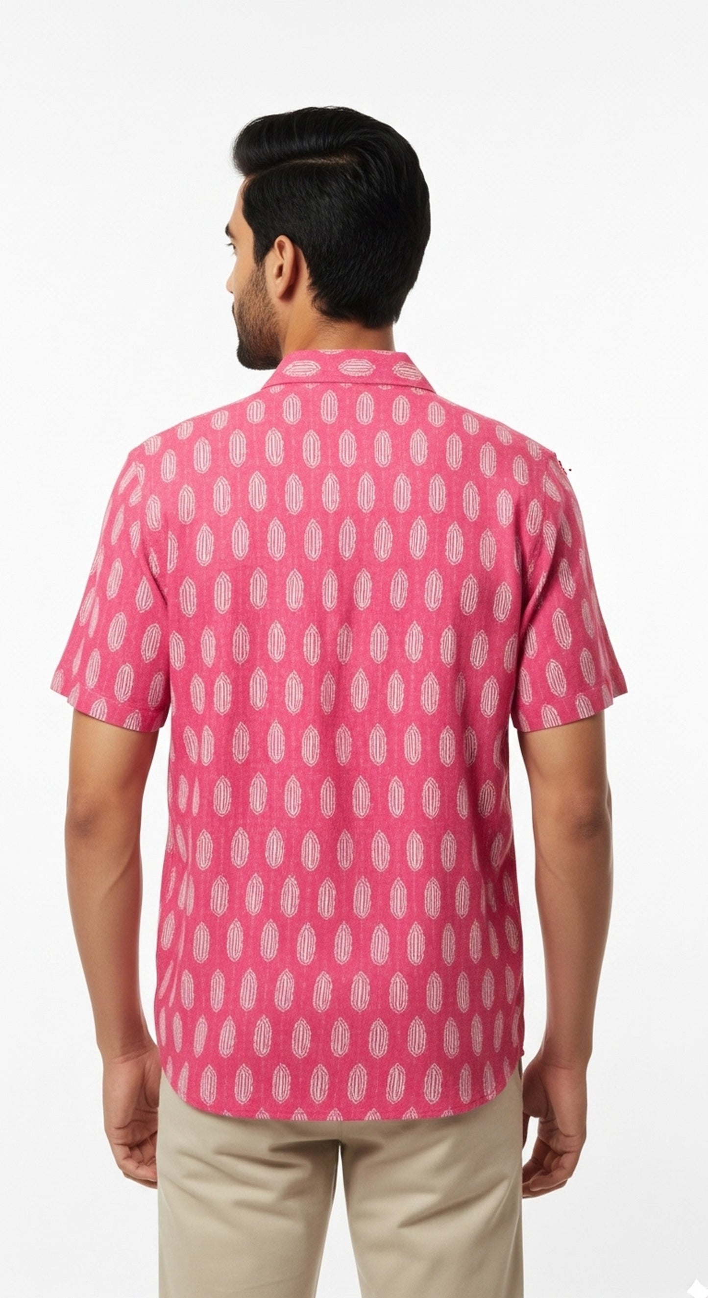 Rani Pink Ikat Print Half Sleeve Casual Cotton Shirt for Men