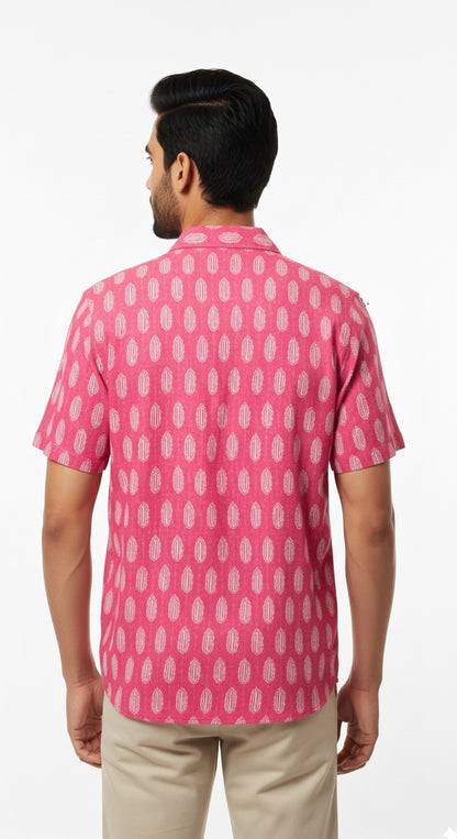 Rani Pink Ikat Print Half Sleeve Casual Cotton Shirt for Men