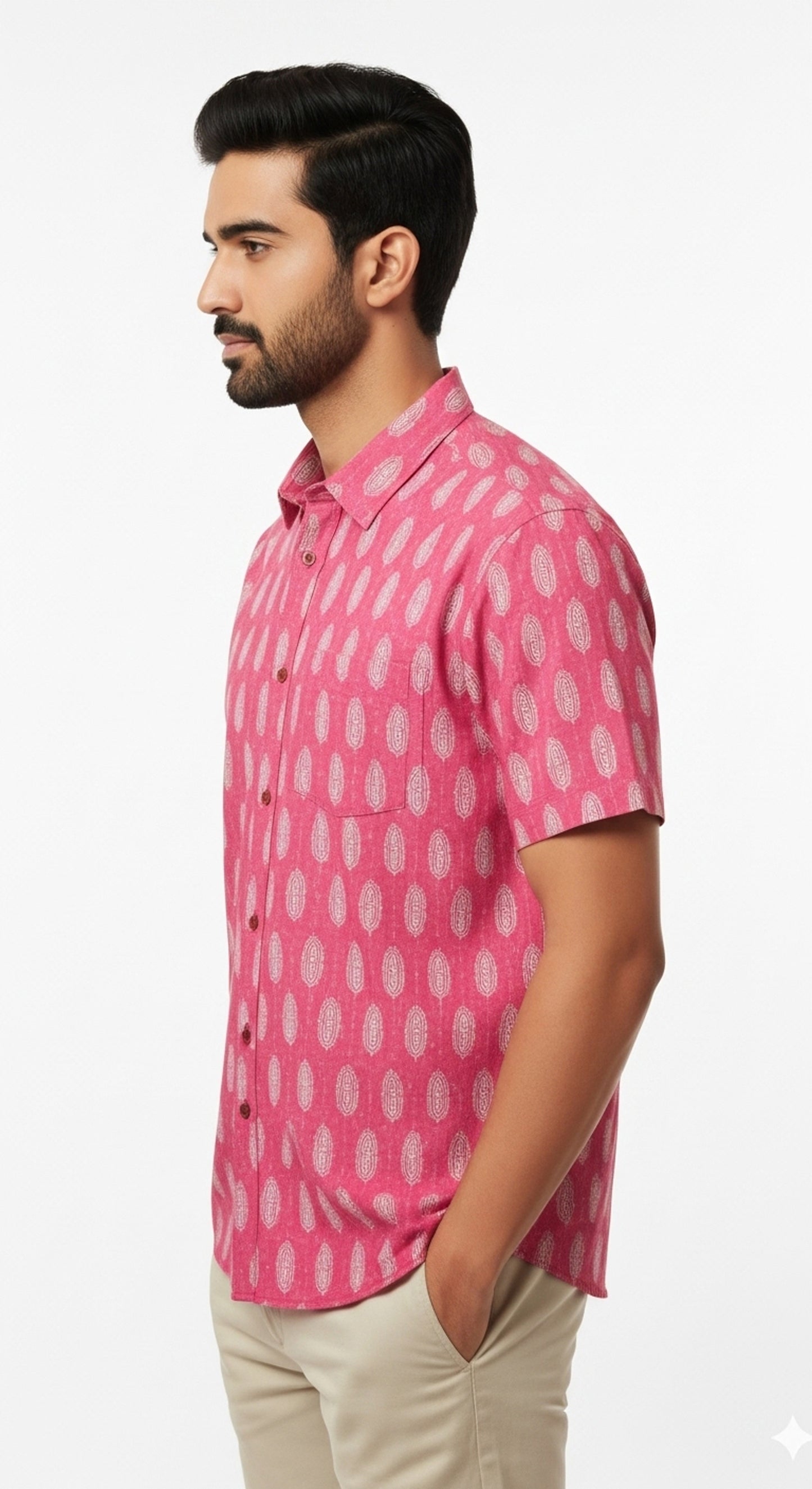 Rani Pink Ikat Print Half Sleeve Casual Cotton Shirt for Men