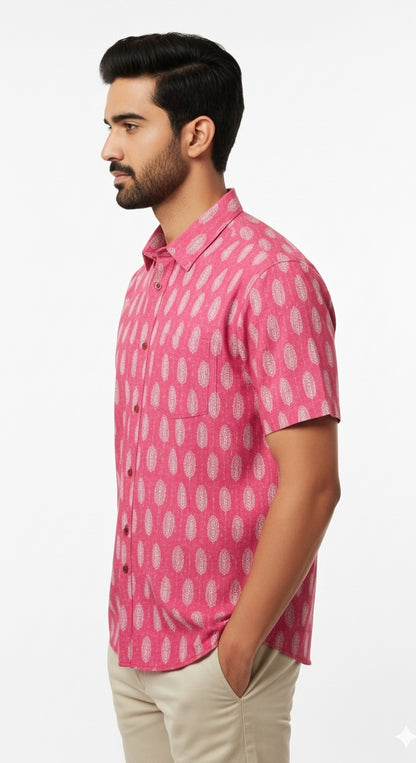Rani Pink Ikat Print Half Sleeve Casual Cotton Shirt for Men