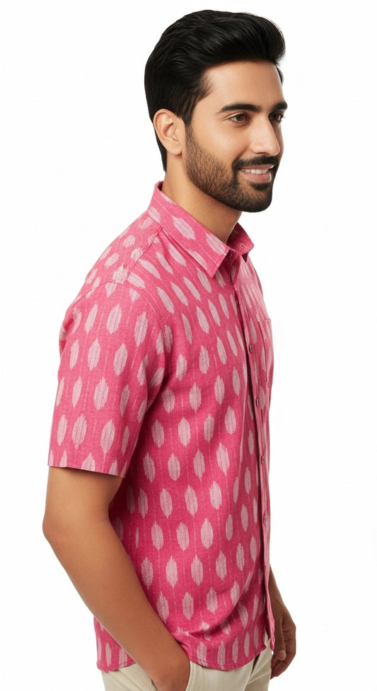 Rani Pink Ikat Print Half Sleeve Casual Cotton Shirt for Men