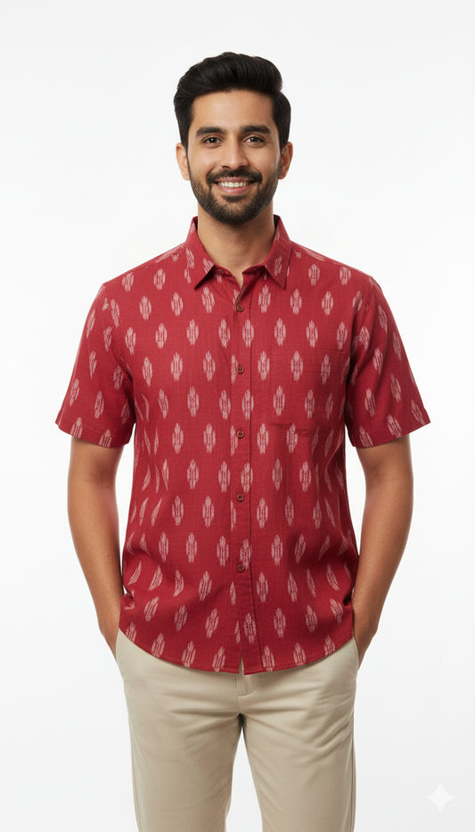 Brick Red Ikat Print Hakf Sleeve Casual Cotton Shirt for Men