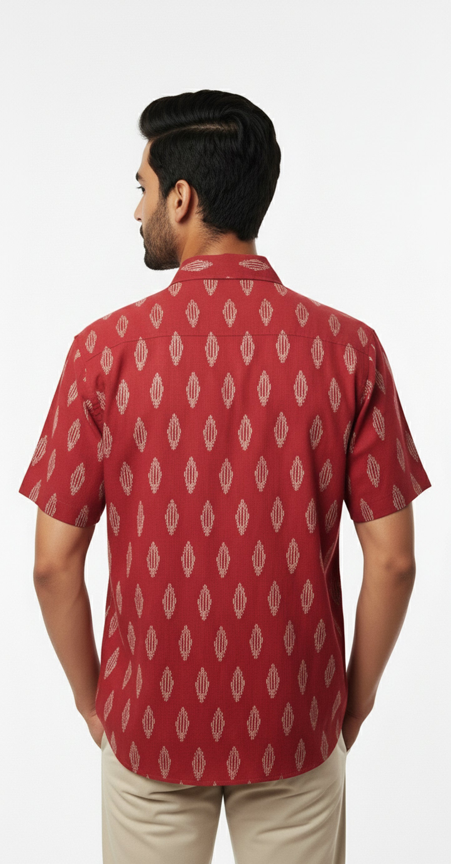 Brick Red Ikat Print Hakf Sleeve Casual Cotton Shirt for Men