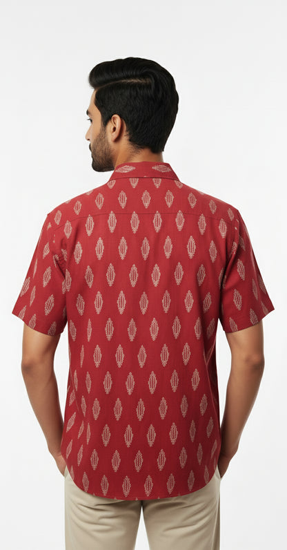 Brick Red Ikat Print Hakf Sleeve Casual Cotton Shirt for Men