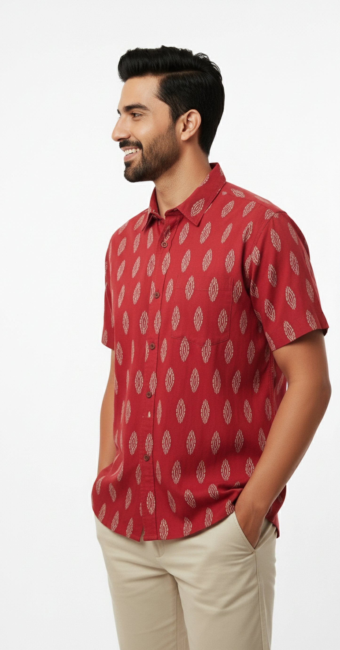 Brick Red Ikat Print Hakf Sleeve Casual Cotton Shirt for Men