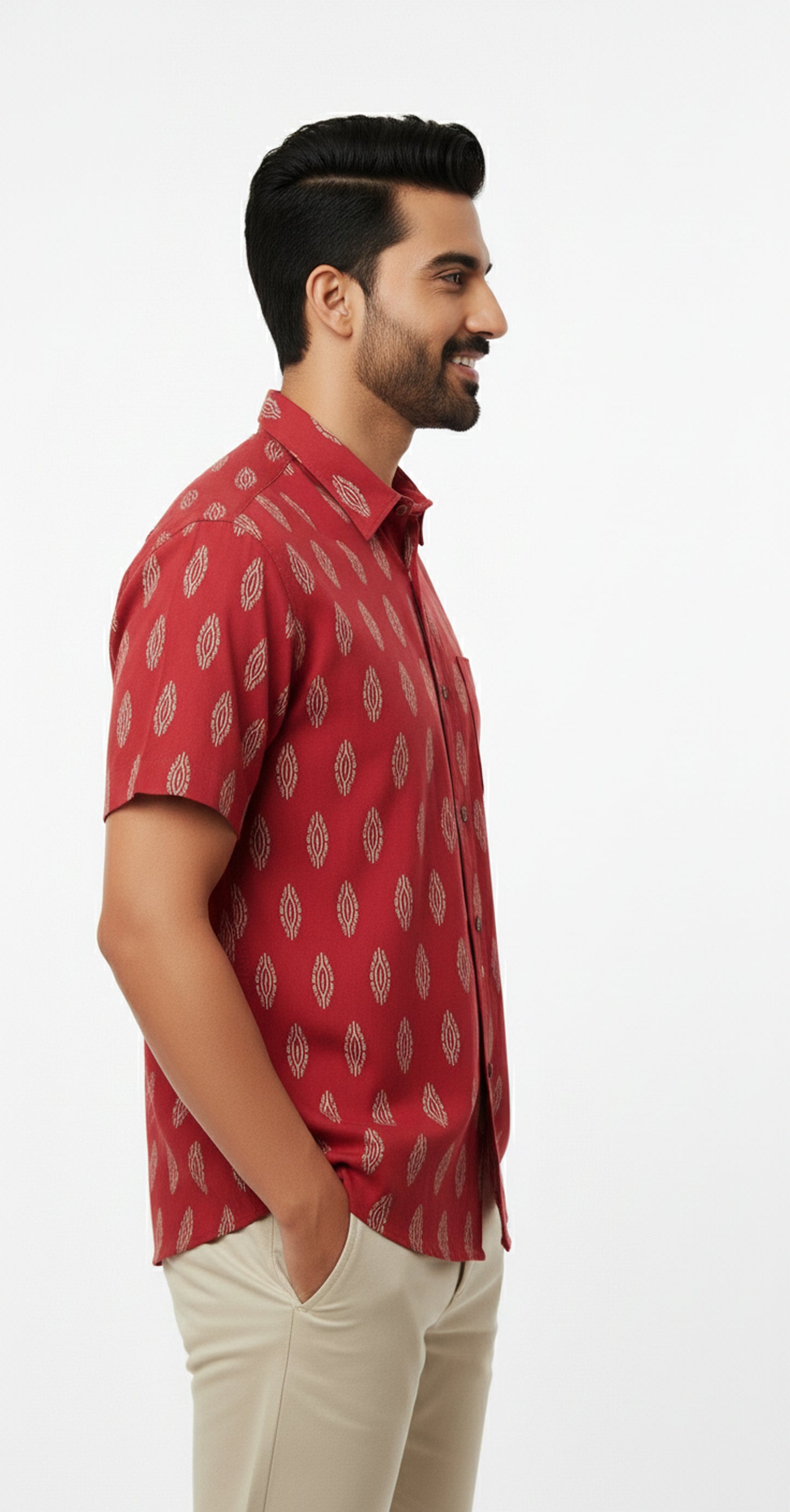 Brick Red Ikat Print Hakf Sleeve Casual Cotton Shirt for Men
