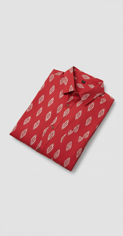 Brick Red Ikat Print Hakf Sleeve Casual Cotton Shirt for Men