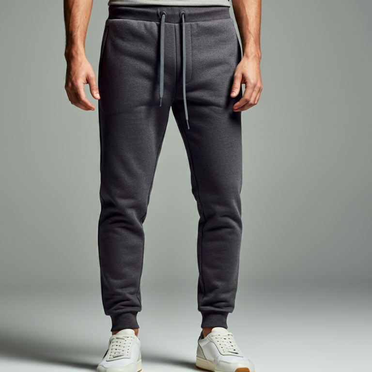 A man's legs, clad in charcoal grey sweatpants