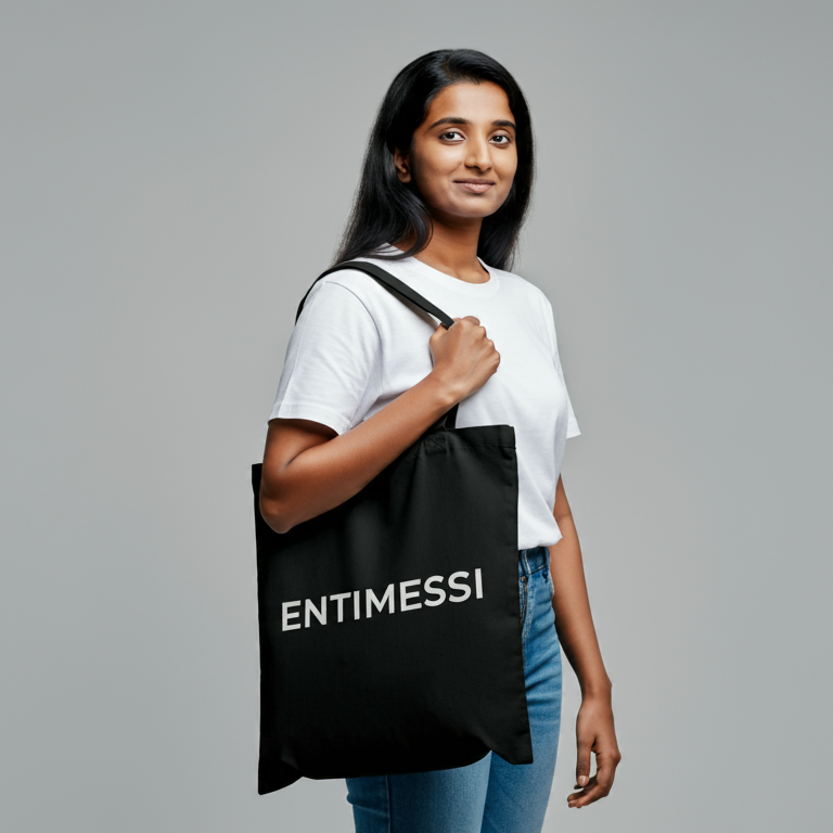 A young lady with a black tote bag slung over her shoulder