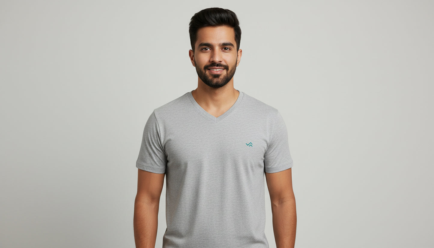 Grey Melange V-Neck Cotton T-Shirt | Essential Unisex Fit
