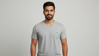 Grey Melange V-Neck Cotton T-Shirt | Essential Unisex Fit
